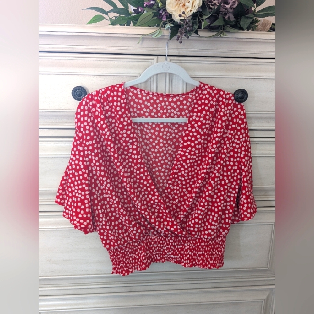 Red Crop Wrap Blouse